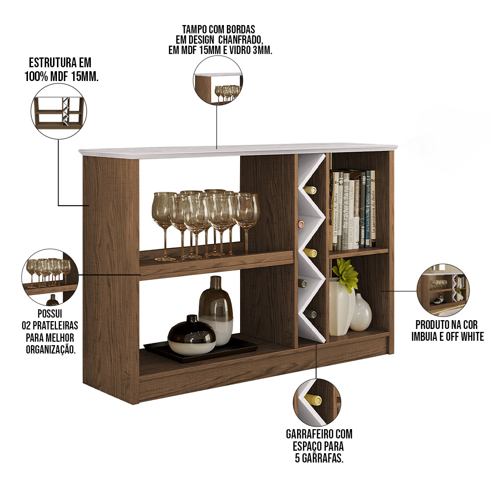 Kit Aparador Buffet Para Sala Com Espelho Decorativo 91cm Atlanta N01 Off White Imbuia - Lyam Decor