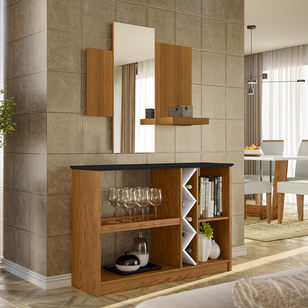 Kit Aparador Buffet Para Sala Estar Com Espelho Decorativo 91cm Atlanta N01 Ypê Preto - Lyam Decor