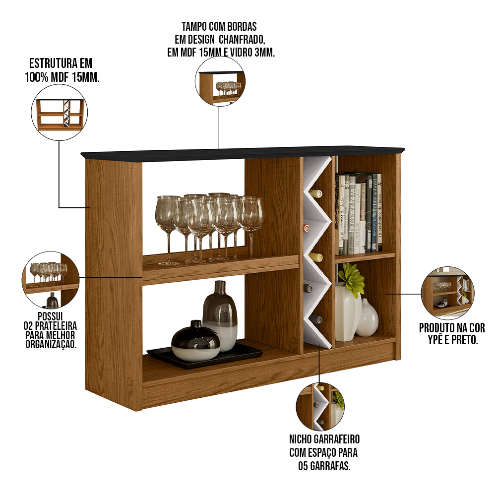 Kit Aparador Buffet Para Sala Estar Com Espelho Decorativo 91cm Atlanta N01 Ypê Preto - Lyam Decor