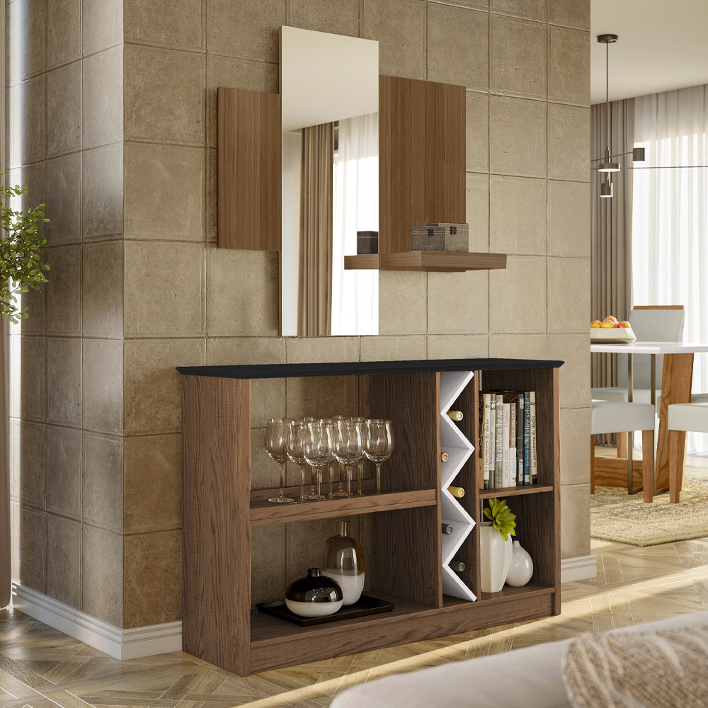 Kit Aparador Buffet Para Sala Estar e Espelho Decorativo 91cm Atlanta N01 Imbuia Preto - Lyam Decor