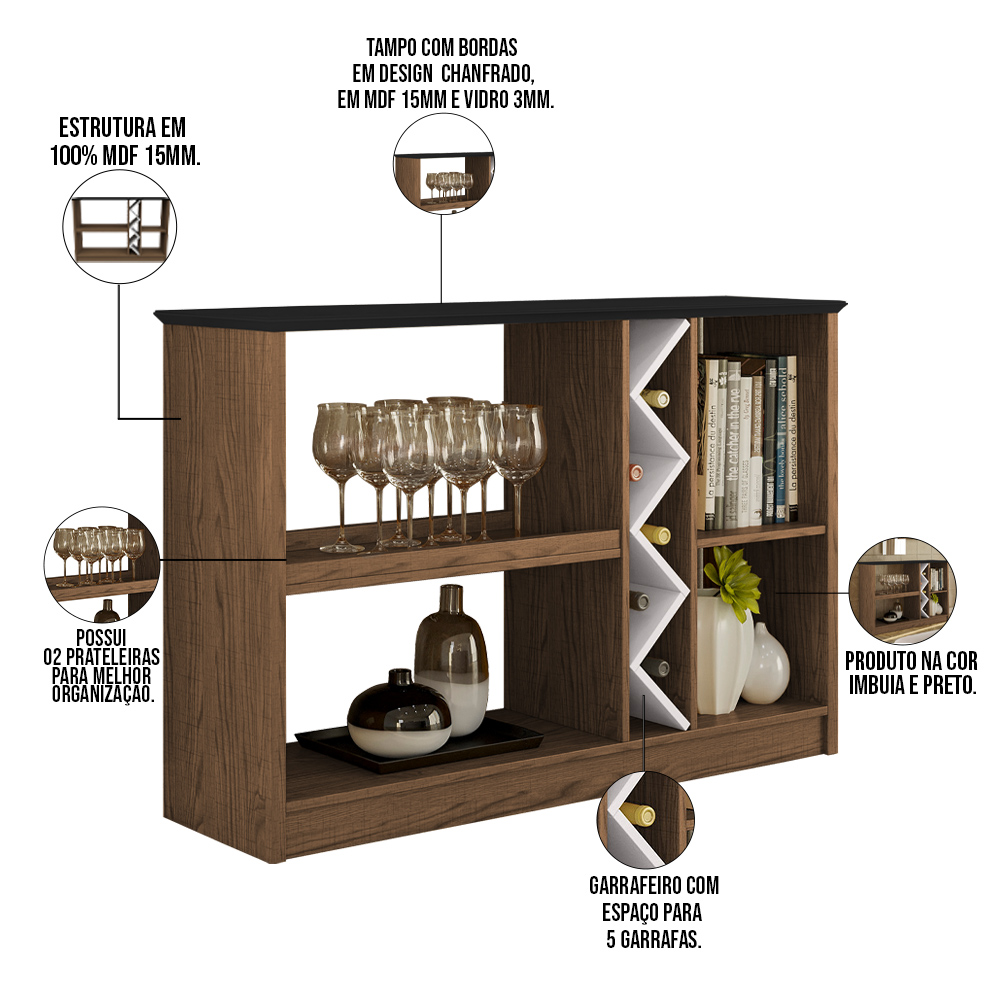 Kit Aparador Buffet Para Sala Estar e Espelho Decorativo 91cm Atlanta N01 Imbuia Preto - Lyam Decor