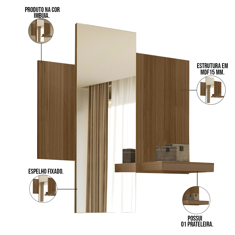 Kit Aparador Buffet Para Sala Estar e Espelho Decorativo 91cm Atlanta N01 Imbuia Preto - Lyam Decor