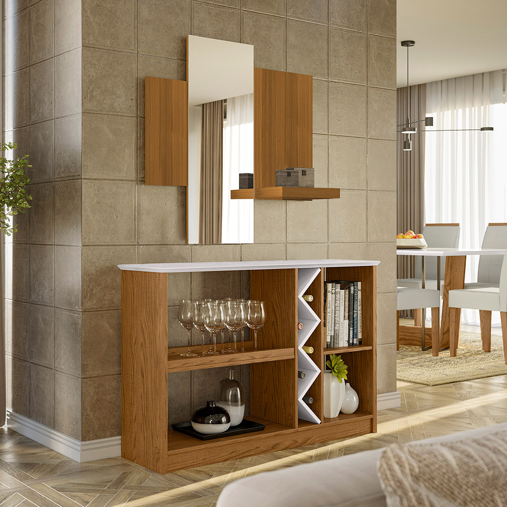 Kit Aparador Buffet Para Sala Estar e Espelho Decorativo 91cm Atlanta N01 Ypê Off White - Lyam Decor