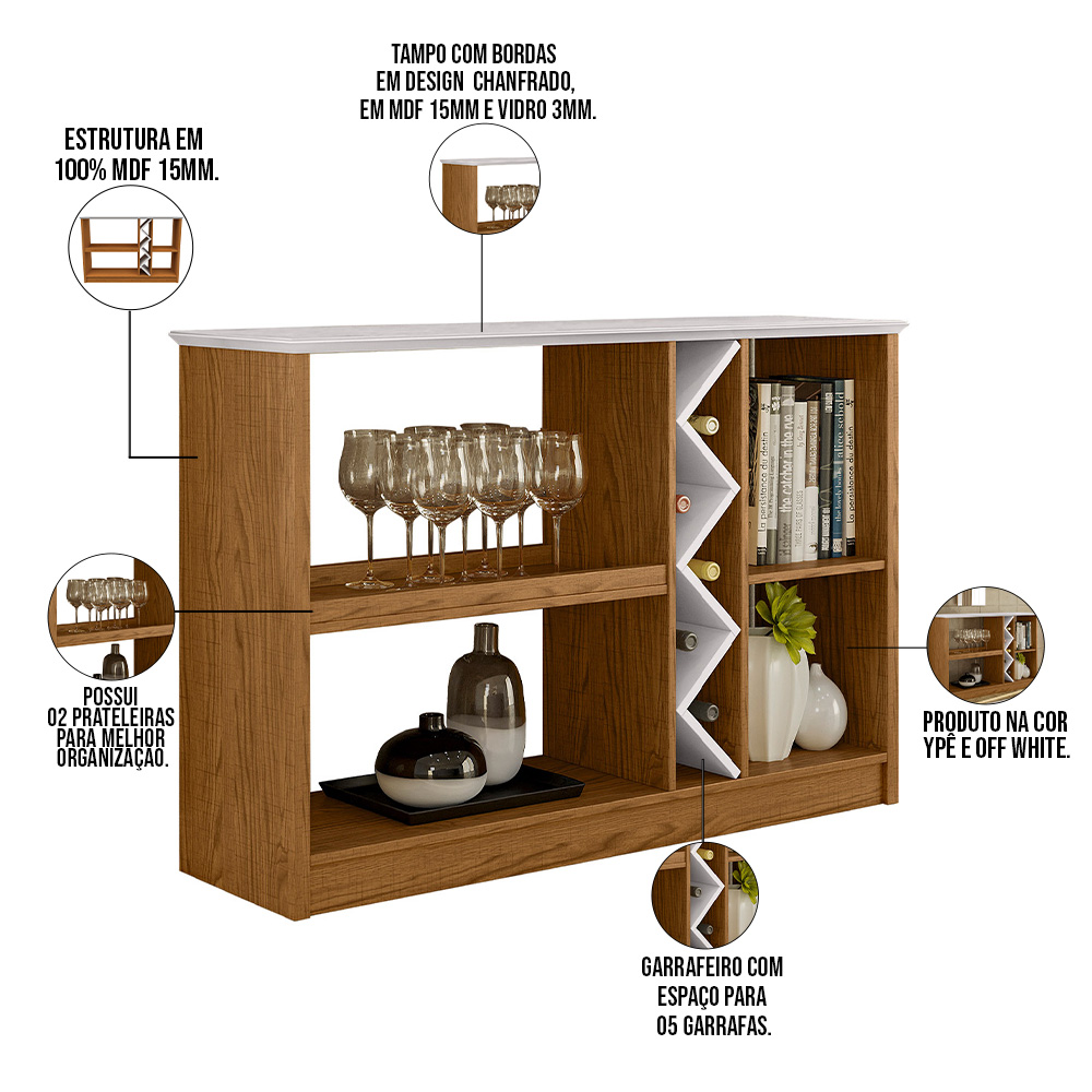 Kit Aparador Buffet Para Sala Estar e Espelho Decorativo 91cm Atlanta N01 Ypê Off White - Lyam Decor