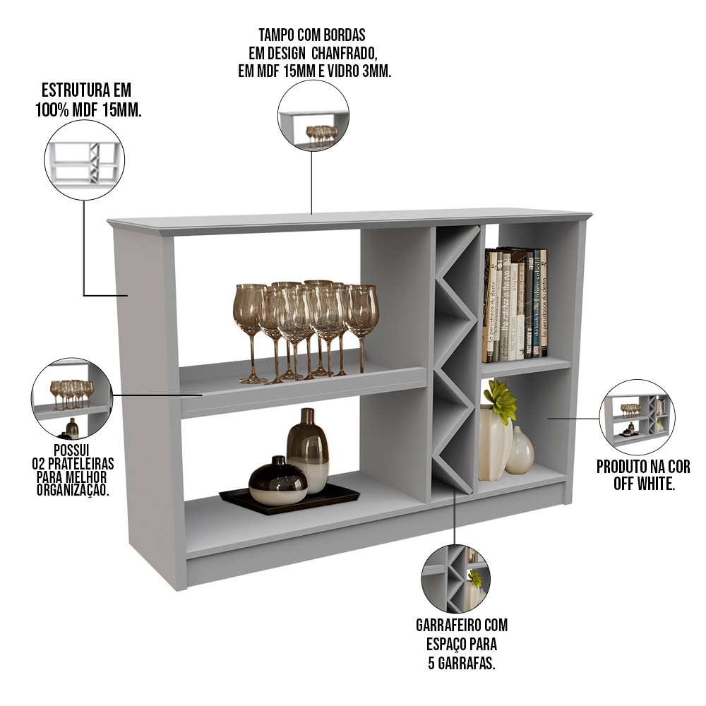 Kit Aparador Buffet Para Sala de Estar e Espelho Decorativo 91cm Atlanta N01 Off White - Lyam Decor