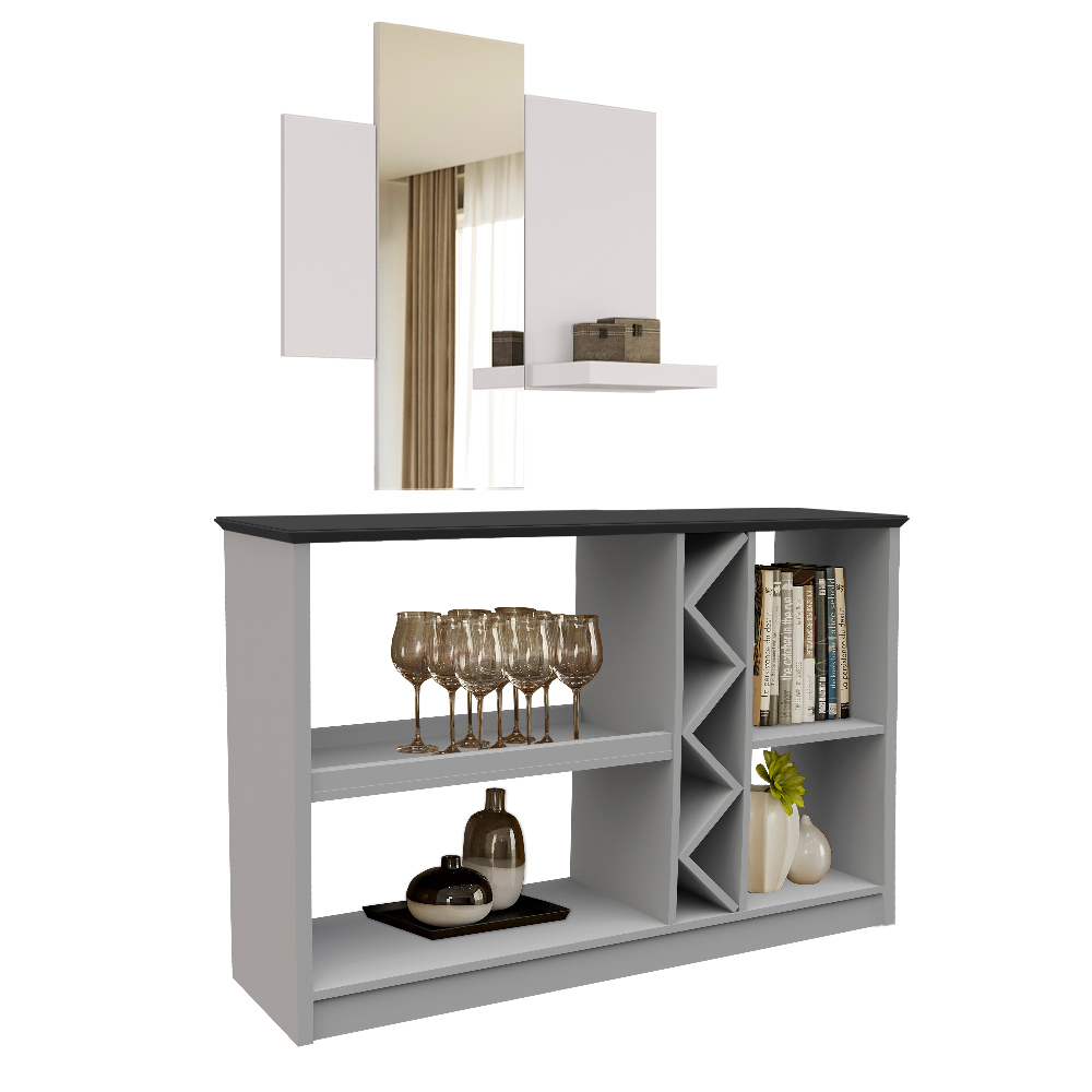 Kit Aparador Buffet Sala de Estar e Espelho Decorativo 91cm Atlanta N01 Off White Preto - Lyam Decor