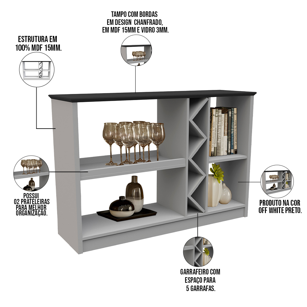 Kit Aparador Buffet Sala de Estar e Espelho Decorativo 91cm Atlanta N01 Off White Preto - Lyam Decor