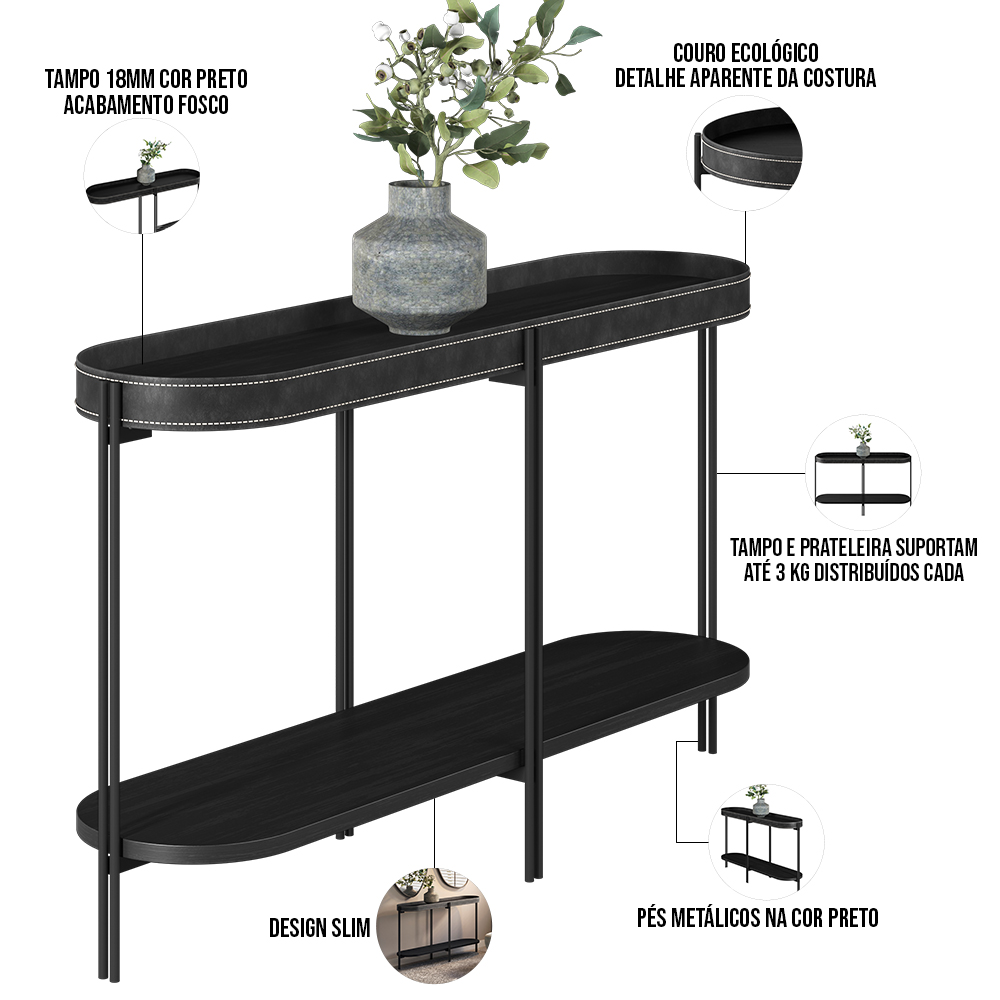 Kit Aparador Decorativo Sala de Estar com Mesa de Centro e Mesa Canto Nord L05 Preto - Lyam Decor