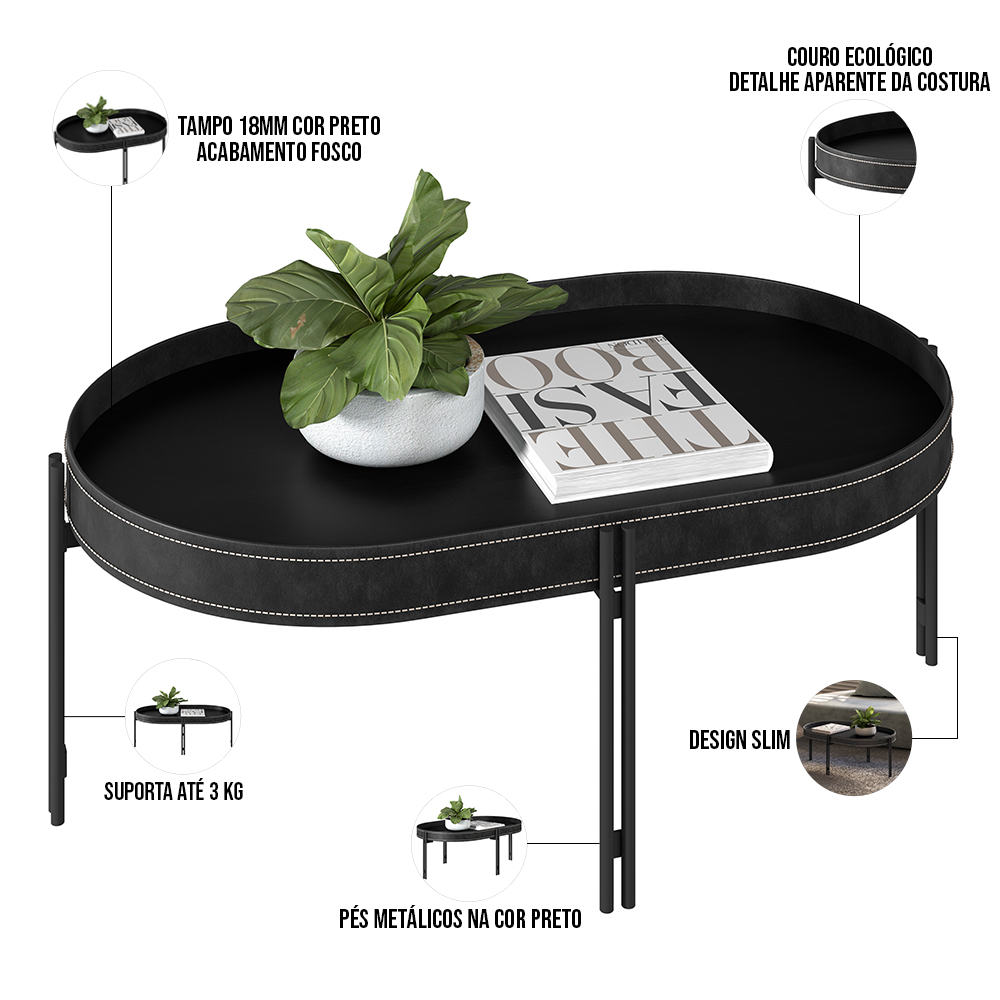 Kit Aparador Decorativo Sala de Estar com Mesa de Centro e Mesa Canto Nord L05 Preto - Lyam Decor