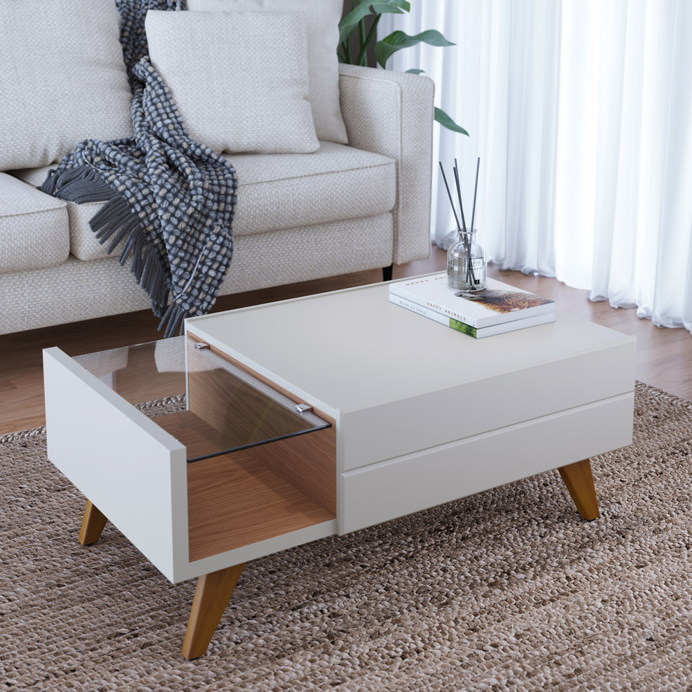 Kit Aparador Para Sala De Estar Com Mesa De Centro Meira C04 Off White Matte Freijó - Lyam