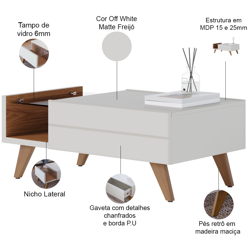 Kit Aparador Para Sala De Estar Com Mesa De Centro Meira C04 Off White Matte Freijó - Lyam