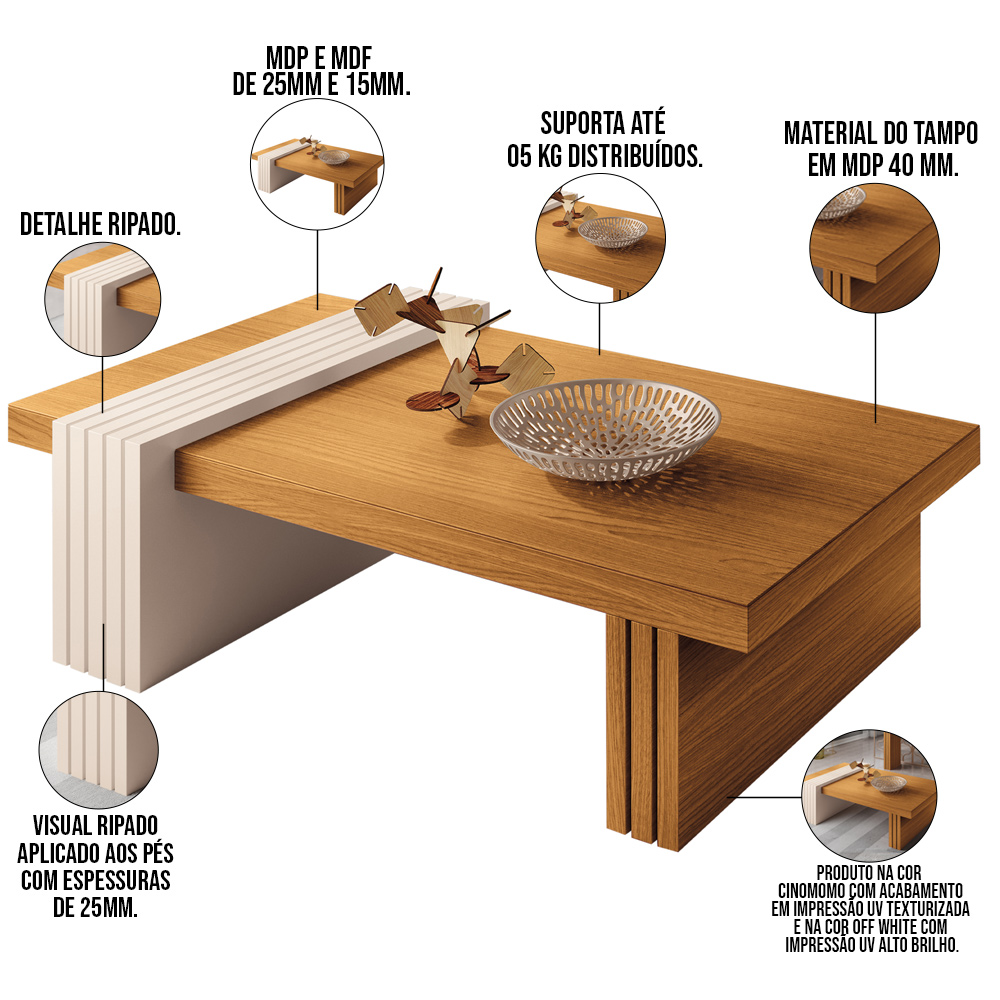 Kit Aparador Para Sala De Estar Com Mesa de Centro Lord B01 Cinamomo Off White - Lyam Decor