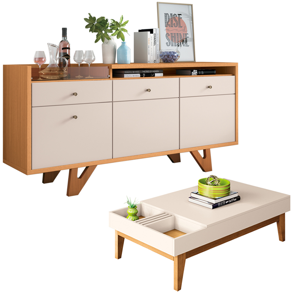 Kit Aparador Para Sala De Estar Valentim Com Mesa De Centro Nala B01 Cinamomo Off White - Lyam Decor