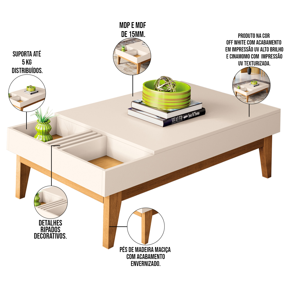 Kit Aparador Para Sala De Estar Valentim Com Mesa De Centro Nala B01 Cinamomo Off White - Lyam Decor