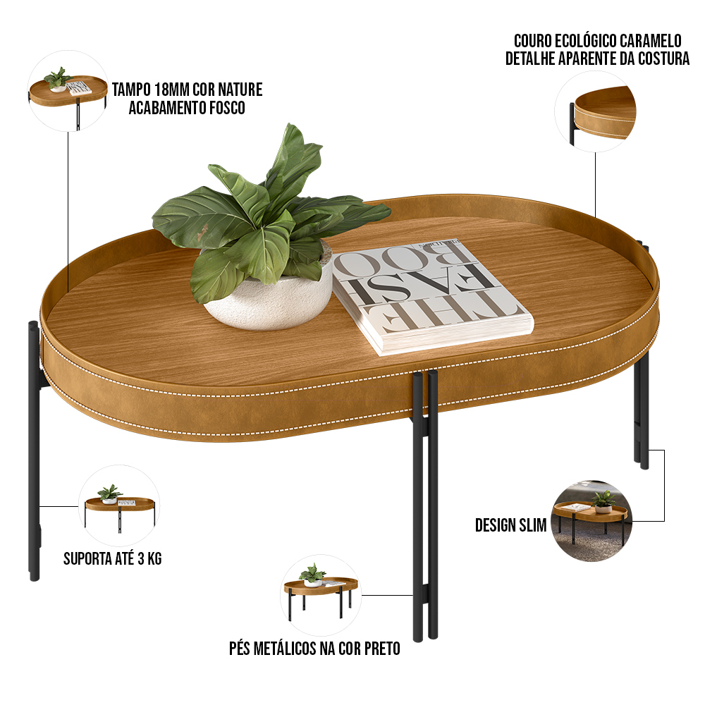 Kit Aparador Para Sala Estar Industrial com Mesa Centro Caramelo Nord L05 Nature Preto - Lyam Decor