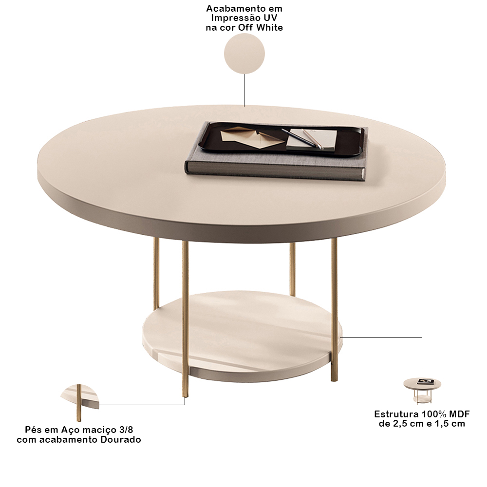 Kit Aparador Para Sala Friesen com 02 Mesas de Centro Redonda Allure B01 Off White - Lyam Decor
