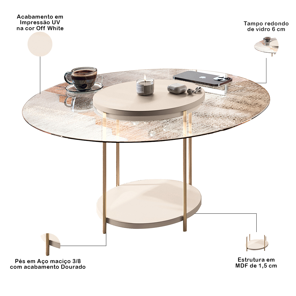 Kit Aparador Para Sala Friesen com 02 Mesas de Centro Redonda Allure B01 Off White - Lyam Decor