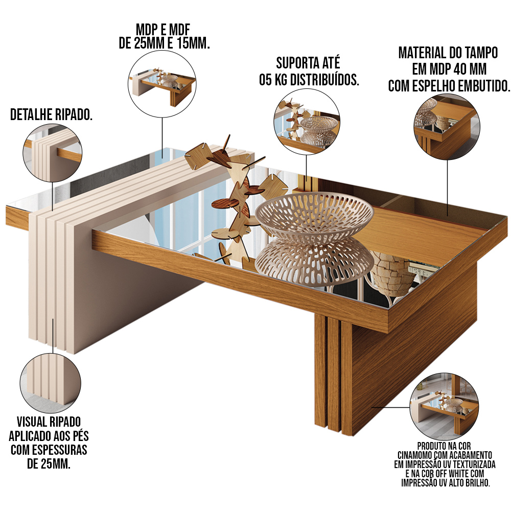 Kit Aparador Sala De Estar Com Mesa de Centro Espelhada Lord B01 Cinamomo Off White - Lyam Decor