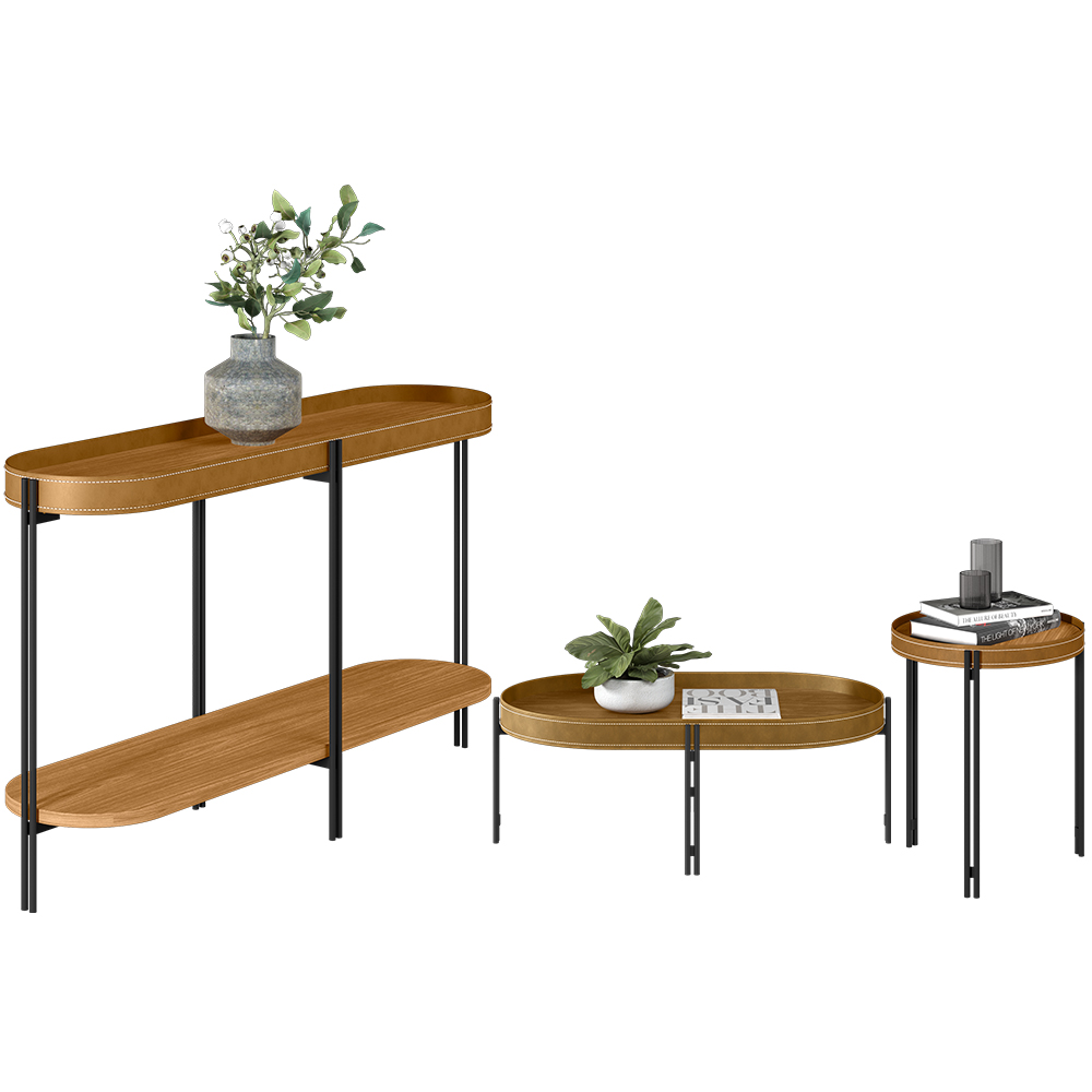 Kit Aparador Sala de Estar com Mesa Centro e Mesa Canto Caramelo Nord L05 Nature Preto - Lyam Decor