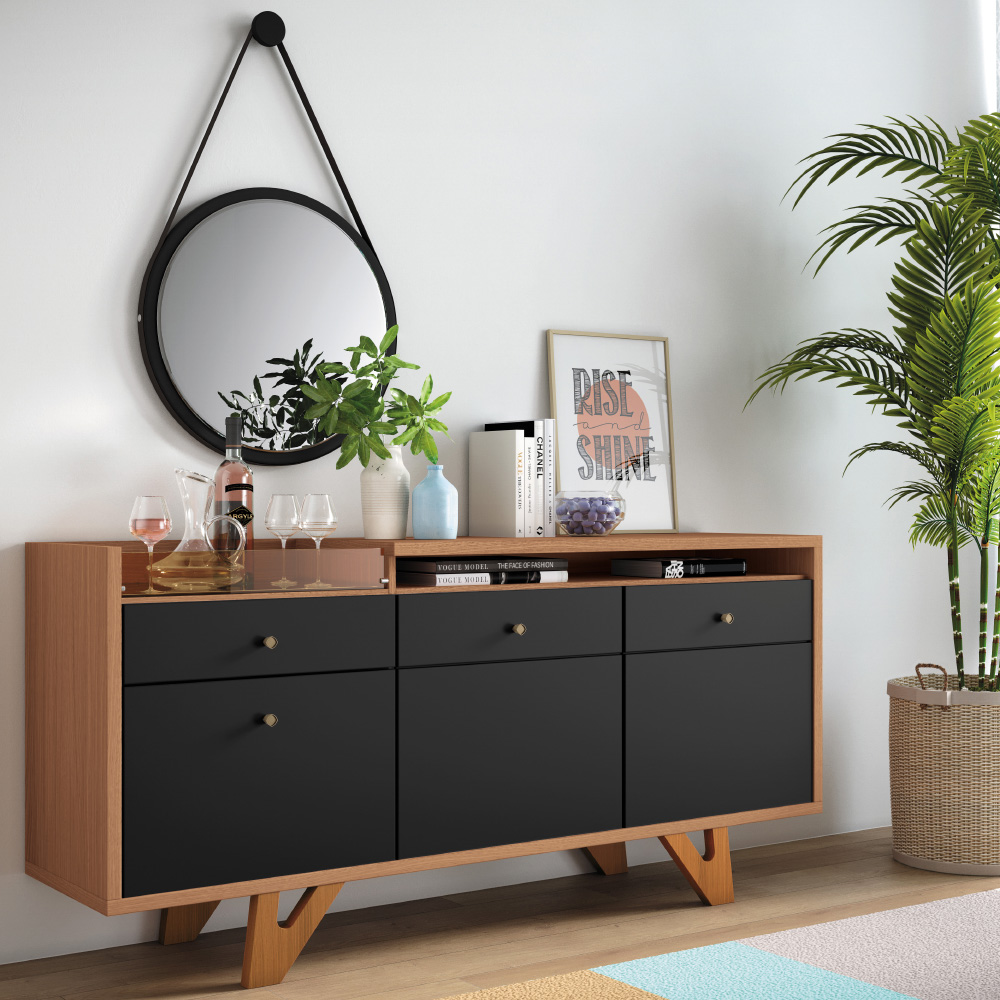 Kit Aparador Valentim B01 com Espelho Adnet 54cm e Cristaleira Dominic Preto Nature - Lyam Decor