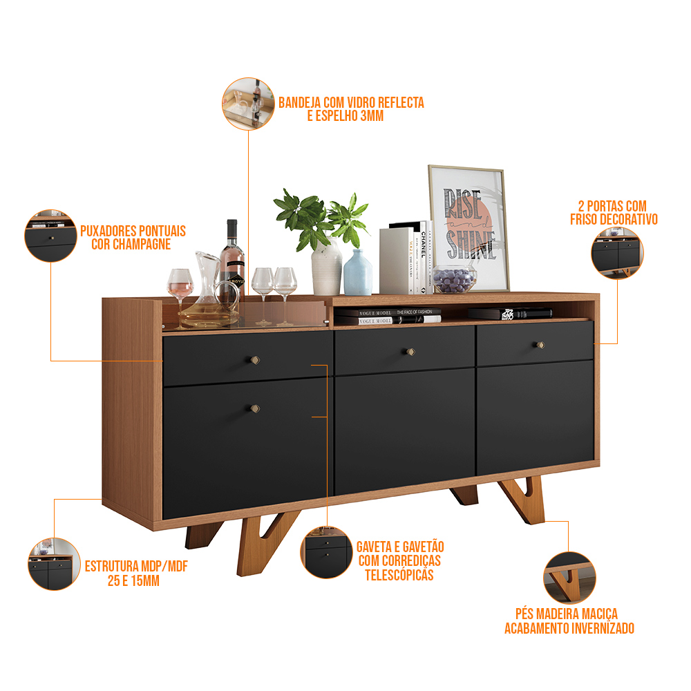 Kit Aparador Valentim B01 com Espelho Adnet 54cm e Cristaleira Dominic Preto Nature - Lyam Decor