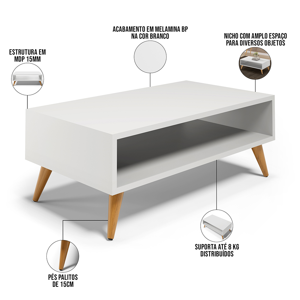 Kit Aparador com Mesa de Centro Mônaco Pés Palito L03 Branco - Lyam Decor
