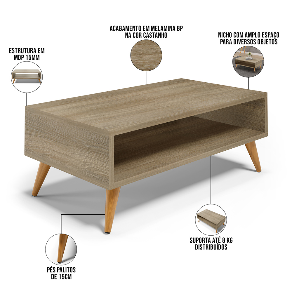 Kit Aparador com Mesa de Centro Mônaco Pés Palito L03 Castanho - Lyam Decor