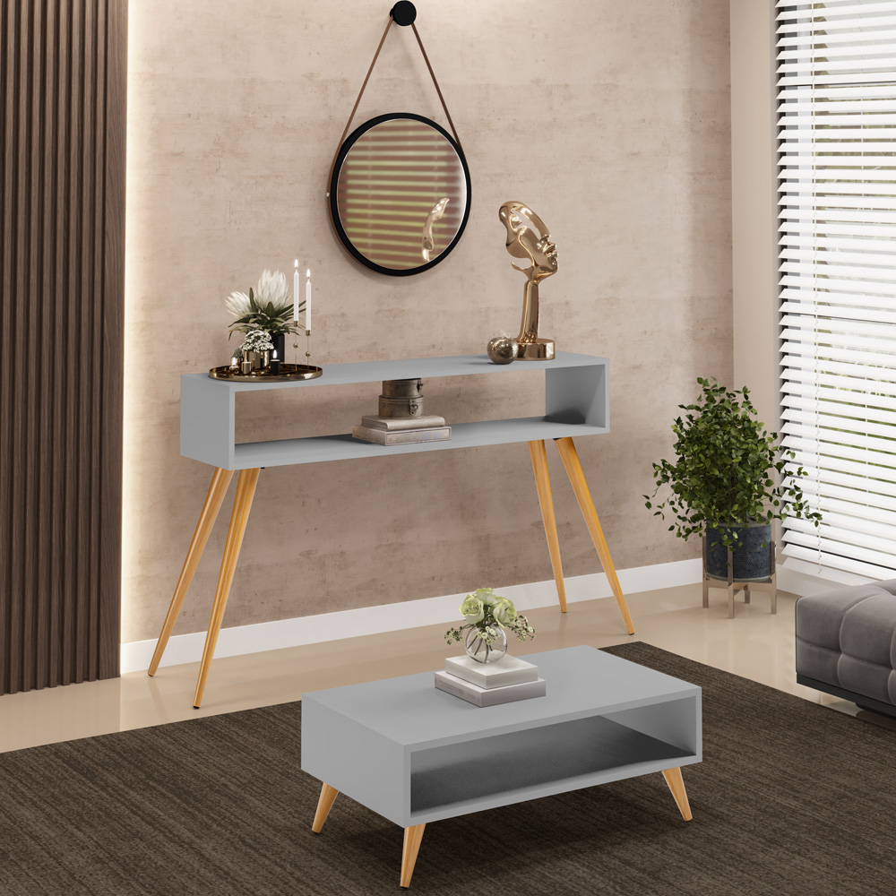 Kit Aparador com Mesa de Centro Mônaco Pés Palito L03 Cinza - Lyam Decor