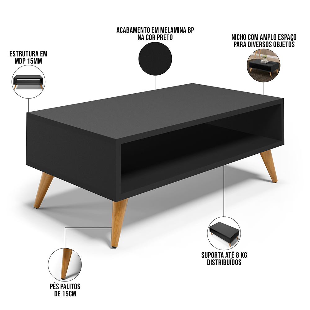Kit Aparador com Mesa de Centro Mônaco Pés Palito L03 Preto - Lyam Decor