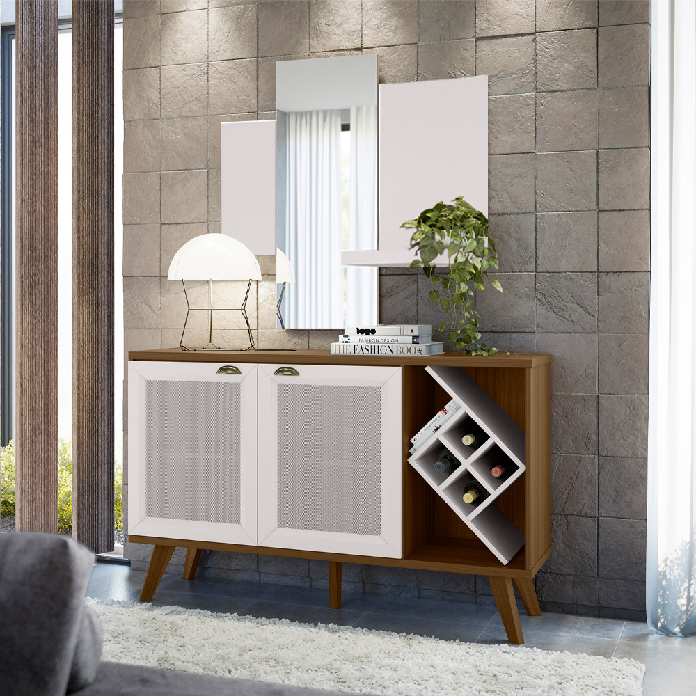 Kit Balcão Buffet Para Sala Com Espelho Decorativo 91cm Atlanta N01 Off White Imbuia - Lyam Decor