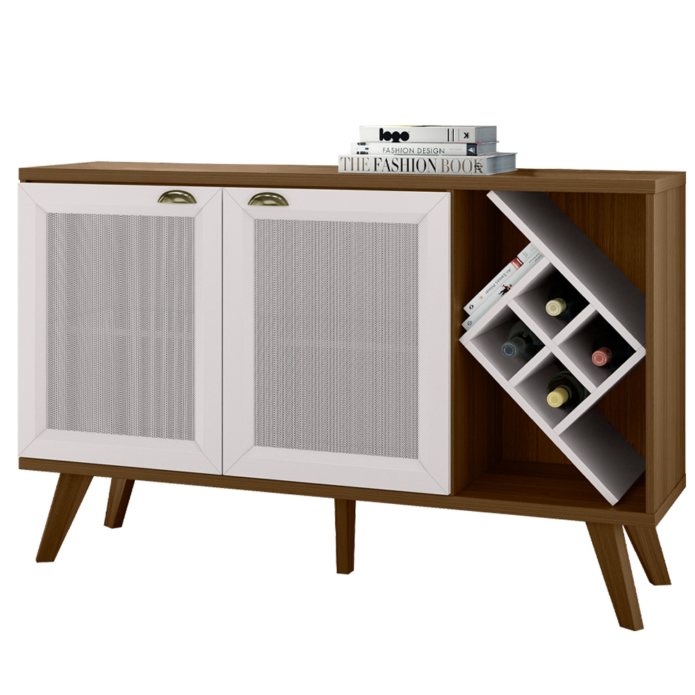 Kit Balcão Buffet Para Sala Com Espelho Decorativo 91cm Atlanta N01 Off White Imbuia - Lyam Decor