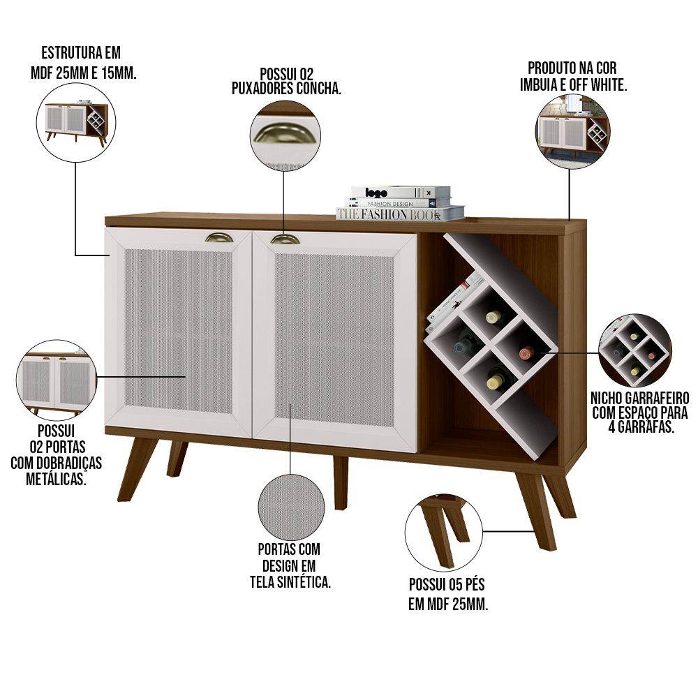 Kit Balcão Buffet Para Sala Com Espelho Decorativo 91cm Atlanta N01 Off White Imbuia - Lyam Decor