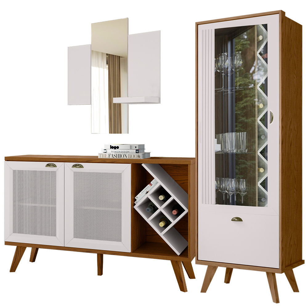 Kit Balcão Buffet Para Sala Cristaleira Nicho Adega e Espelho Atlanta N01 Off White Ypê - Lyam Decor
