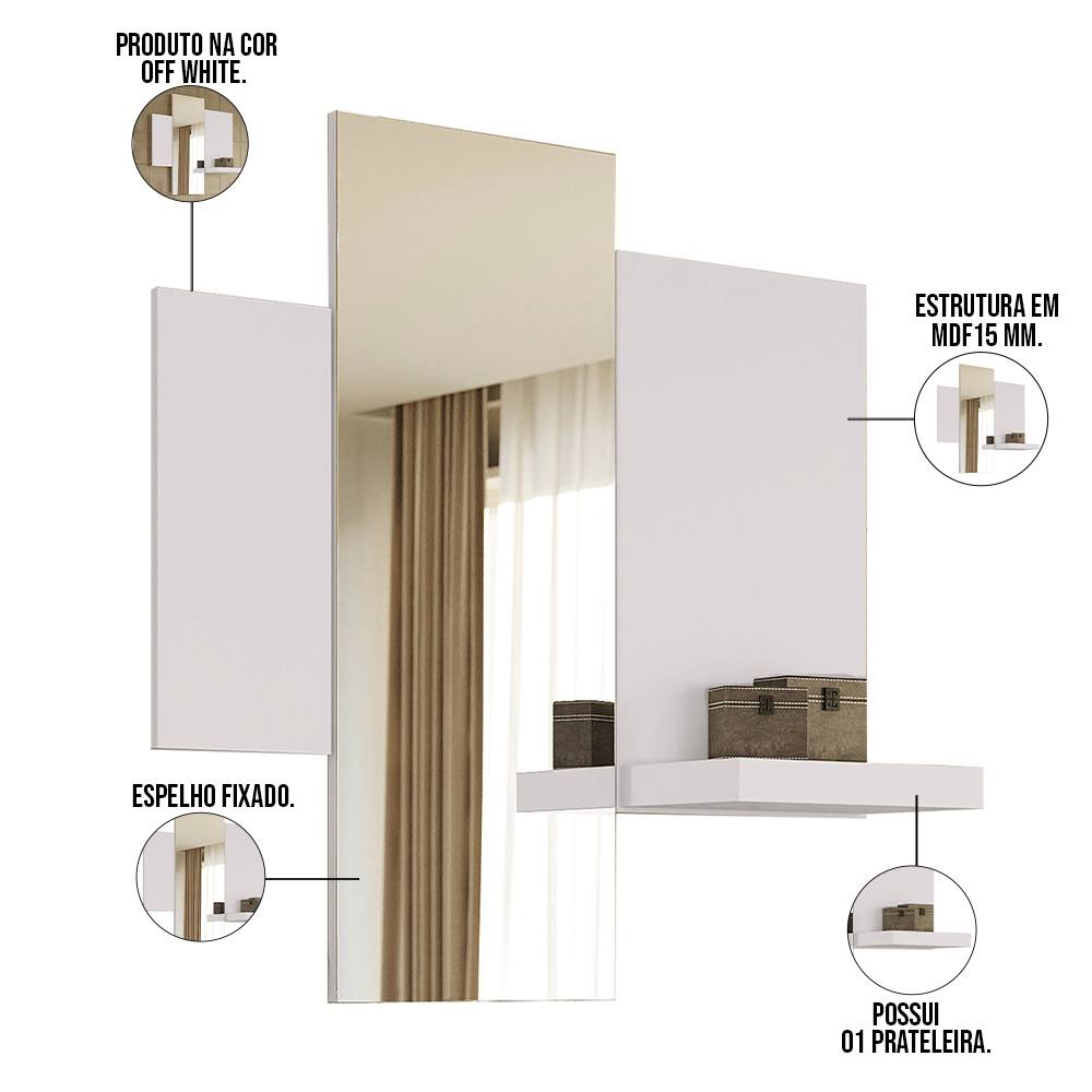 Kit Balcão Buffet Para Sala Estar Com Espelho Decorativo 91cm Atlanta N01 Off White Ypê - Lyam Decor