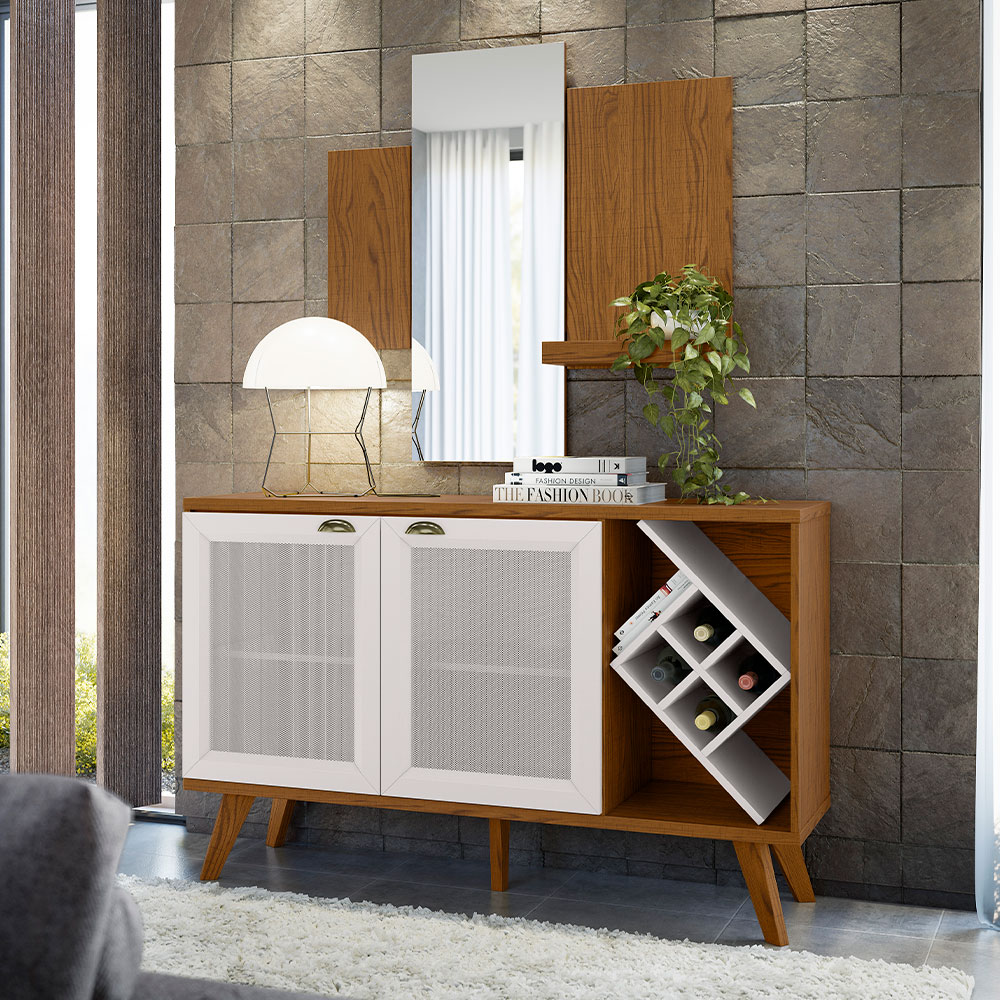 Kit Balcão Buffet Para Sala Estar Com Espelho Decorativo 91cm Atlanta N01 Ypê Off White - Lyam Decor