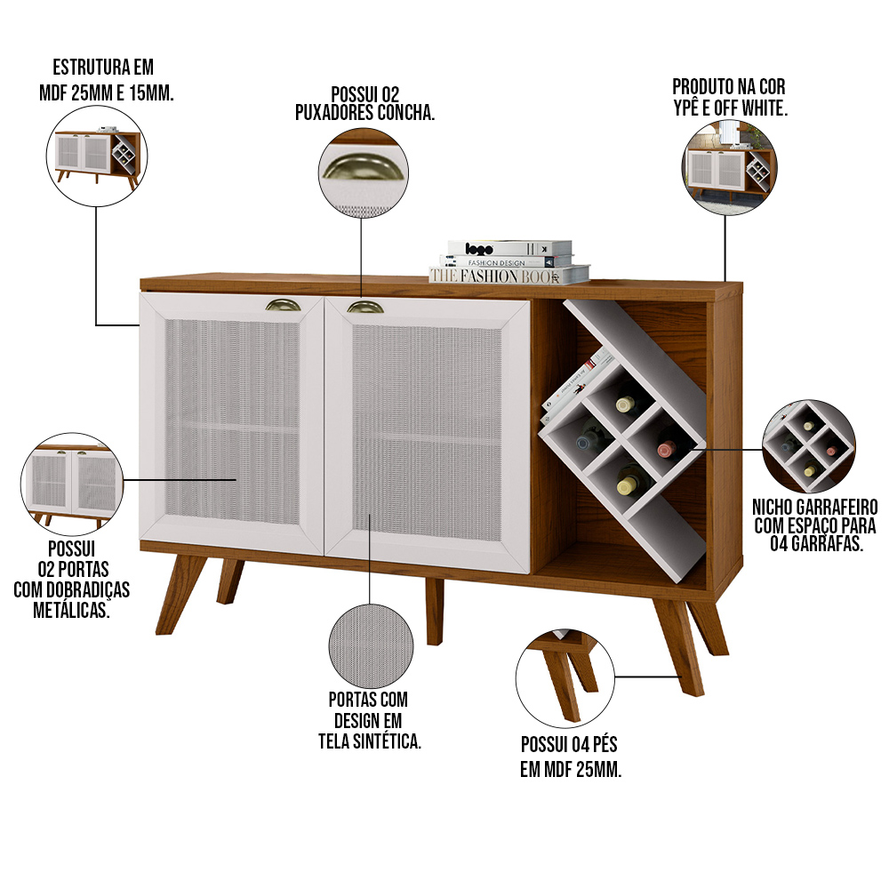 Kit Balcão Buffet Para Sala Estar Com Espelho Decorativo 91cm Atlanta N01 Ypê Off White - Lyam Decor