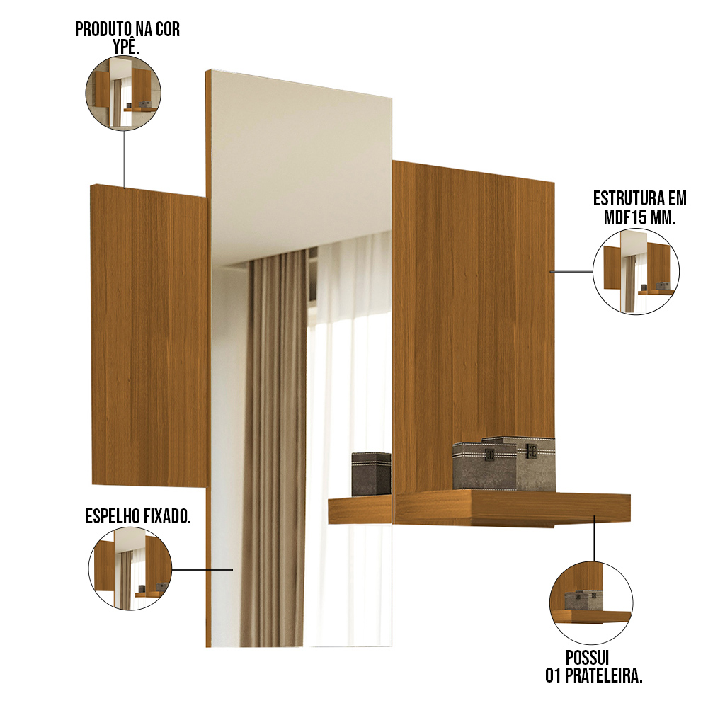 Kit Balcão Buffet Para Sala Estar Com Espelho Decorativo 91cm Atlanta N01 Ypê Off White - Lyam Decor