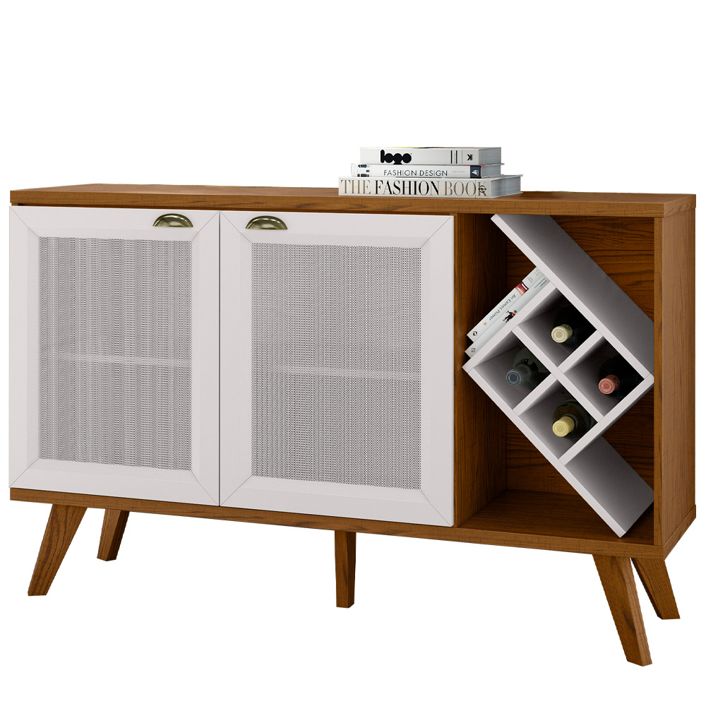 Kit Balcão Buffet Para Sala Estar Com Espelho Decorativo 91cm Atlanta N01 Ypê Off White - Lyam Decor