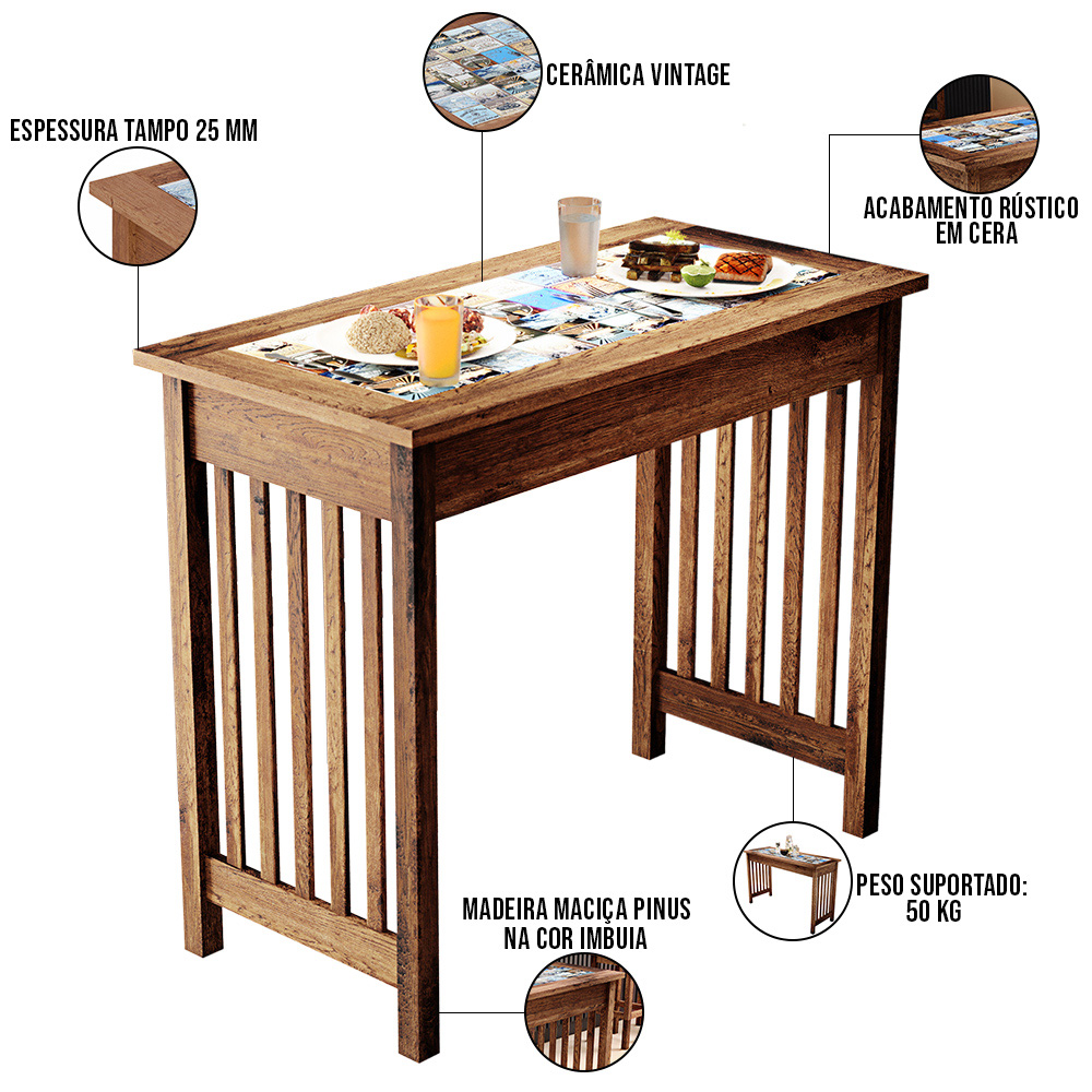 Kit Bancada Montana 120cm Cerâmica Com 04 Banquetas Altas Rústica Arizona W02 Imbuia - Lyam Decor