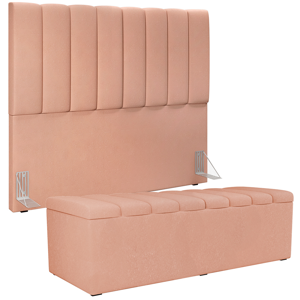 Kit Cabeceira Cama Box Casal 140 Cm Com Calçadeira Recamier Baú Dália W01 Linho Rosê - Lyam Decor