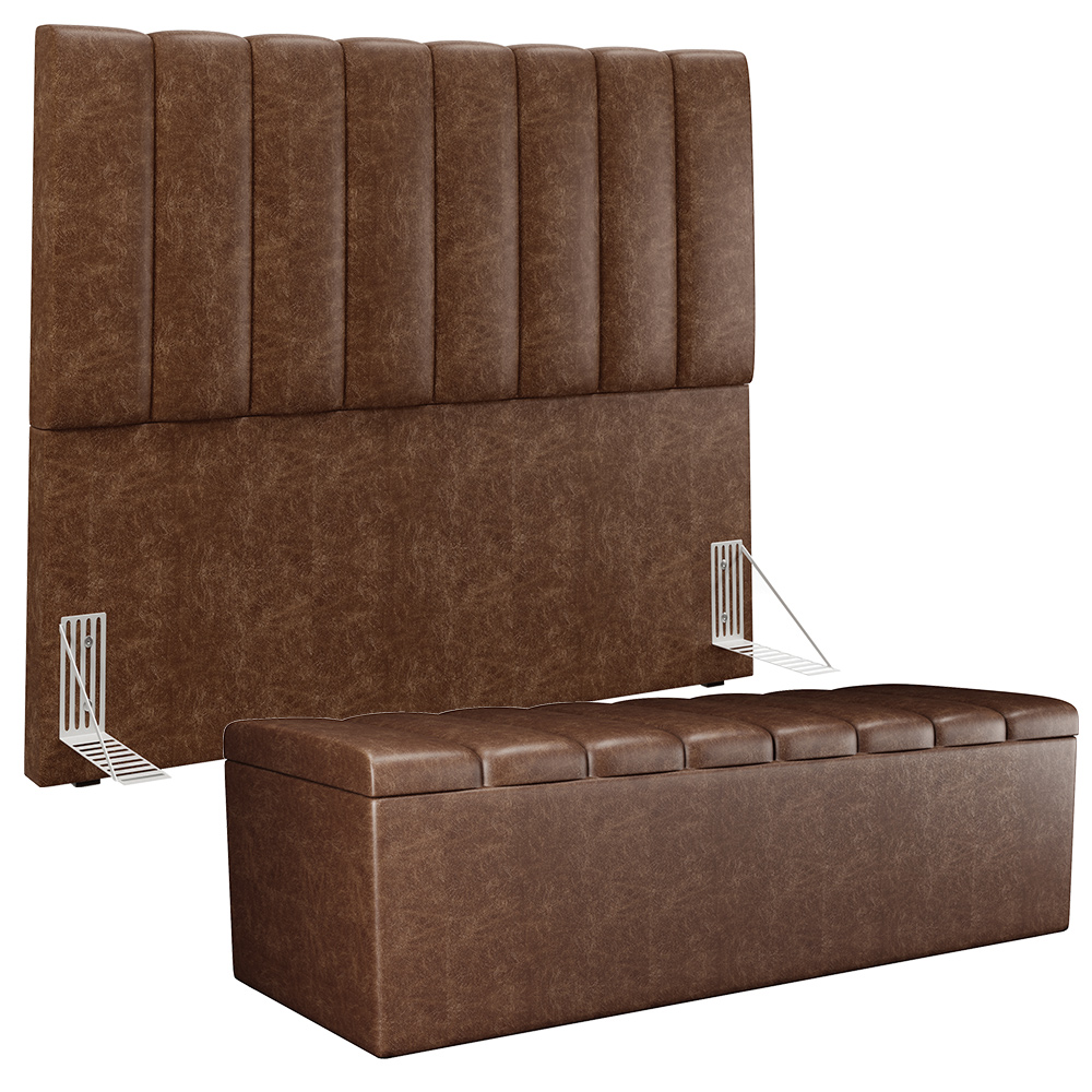 Kit Cabeceira Cama Box Casal 140cm Calçadeira Recamier Baú Dália W01 Couríssimo Marrom - Lyam Decor