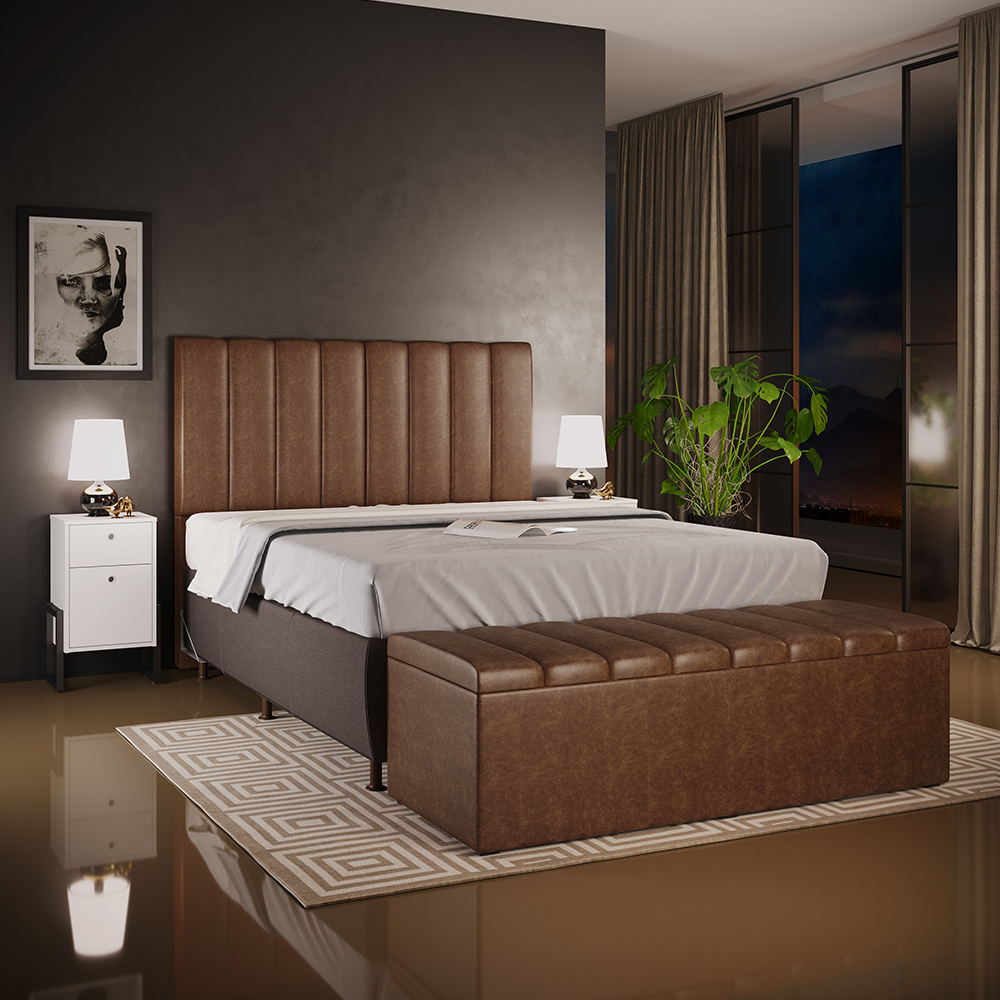 Kit Cabeceira Cama Box Casal 140cm Calçadeira Recamier Baú Dália W01 Couríssimo Marrom - Lyam Decor