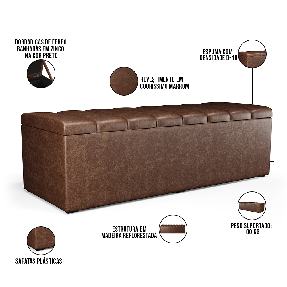 Kit Cabeceira Cama Box Casal 140cm Calçadeira Recamier Baú Dália W01 Couríssimo Marrom - Lyam Decor
