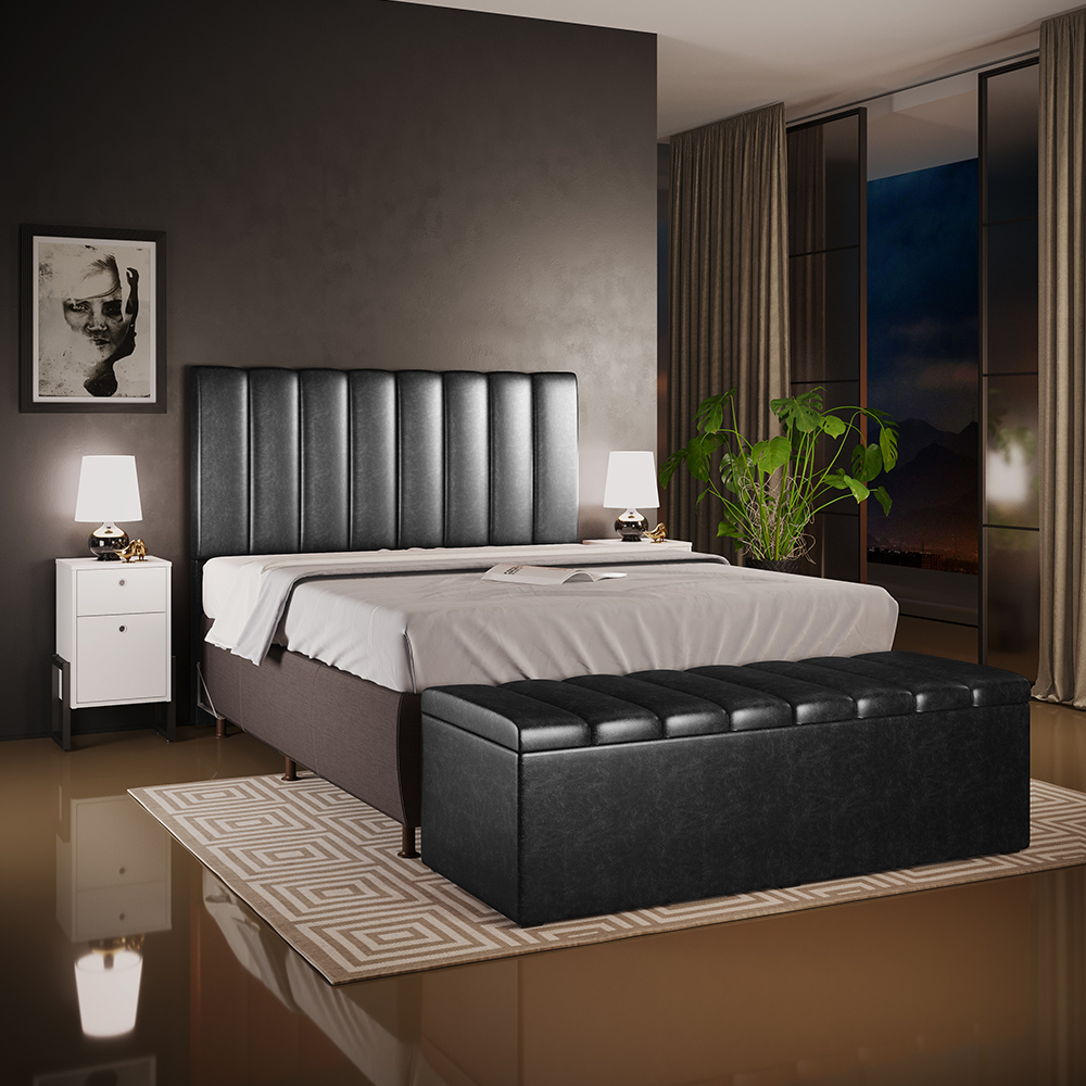Kit Cabeceira Cama Box Casal 140cm Calçadeira Recamier Baú Dália W01 Couríssimo Preto - Lyam Decor