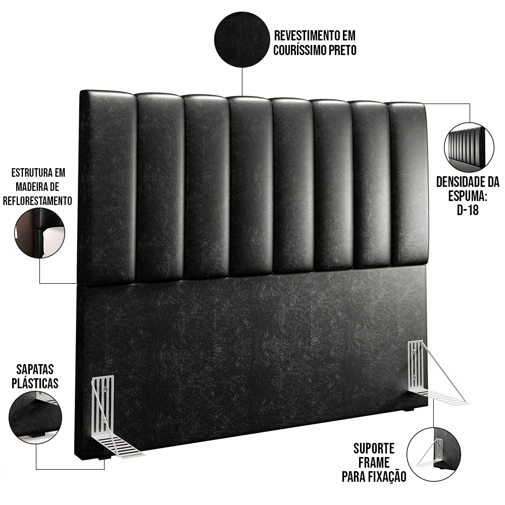 Kit Cabeceira Cama Box Casal 140cm Calçadeira Recamier Baú Dália W01 Couríssimo Preto - Lyam Decor