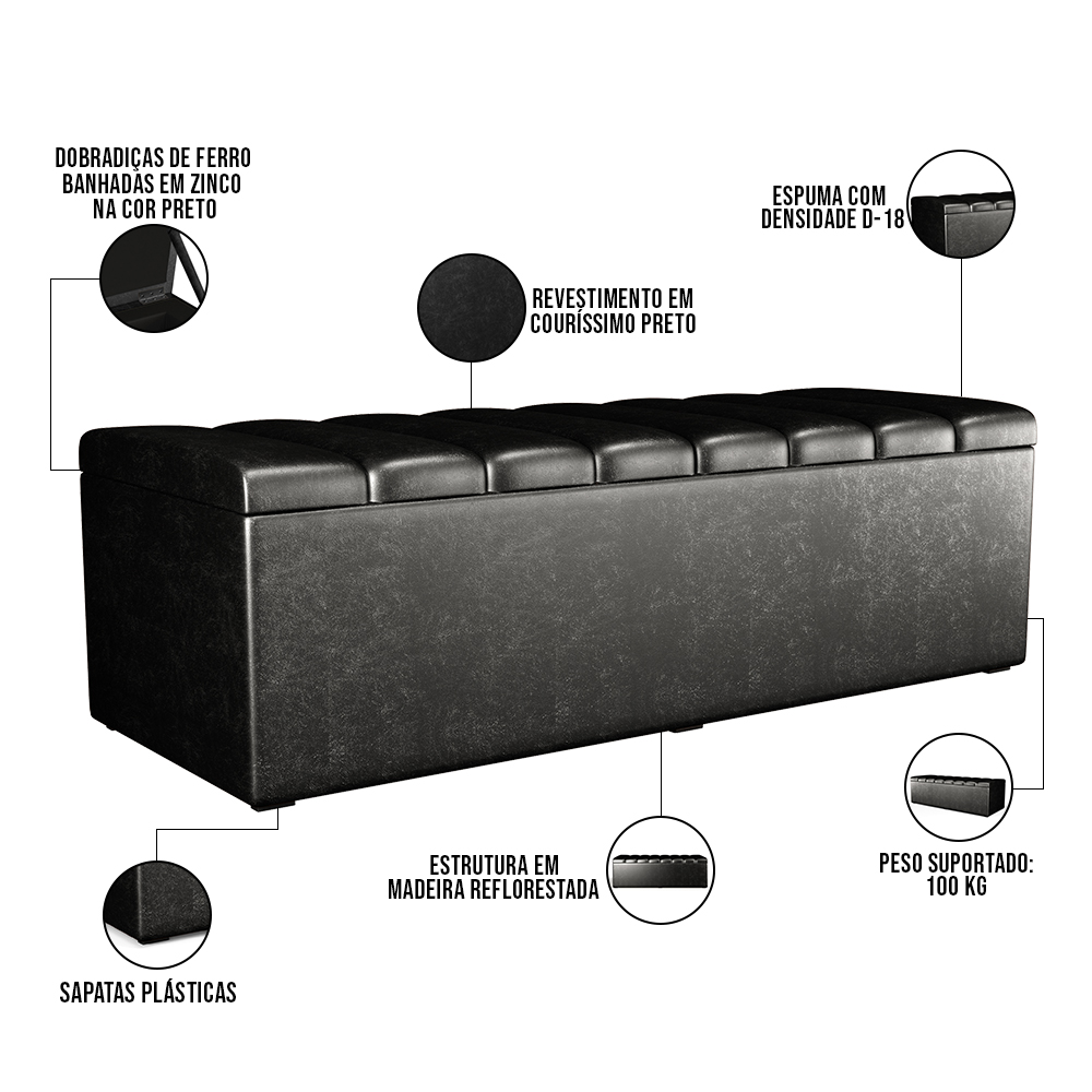 Kit Cabeceira Cama Box Casal 140cm Calçadeira Recamier Baú Dália W01 Couríssimo Preto - Lyam Decor