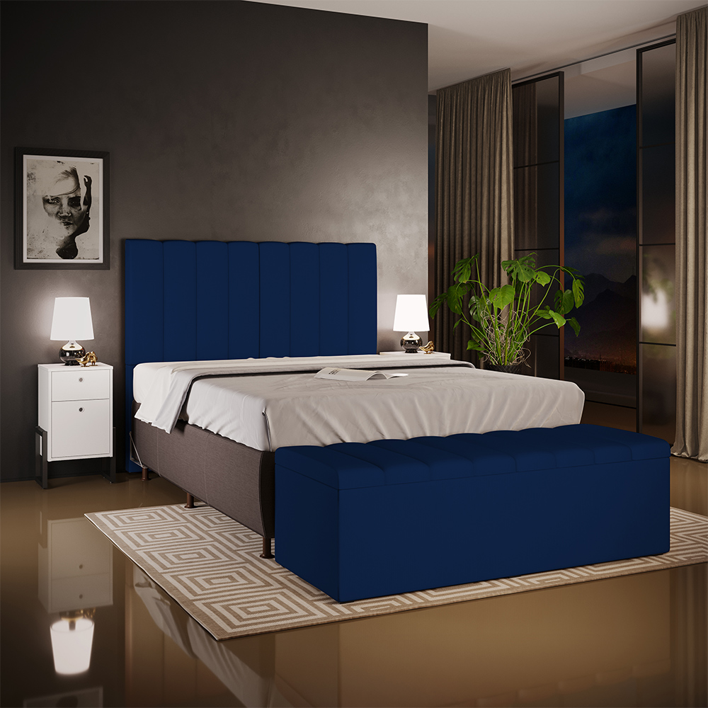 Kit Cabeceira Cama Box Casal 140cm Calçadeira Recamier Baú Dália W01 Facto Azul Marinho - Lyam Decor