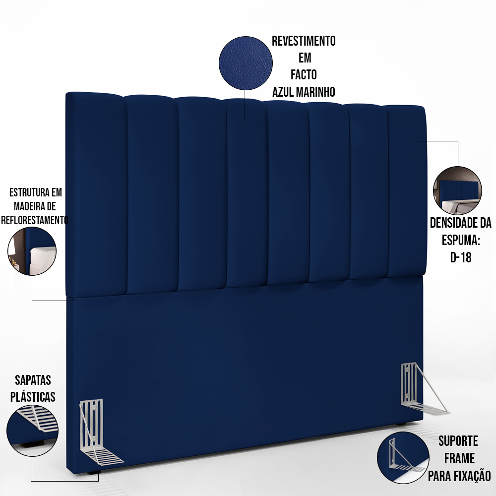 Kit Cabeceira Cama Box Casal 140cm Calçadeira Recamier Baú Dália W01 Facto Azul Marinho - Lyam Decor