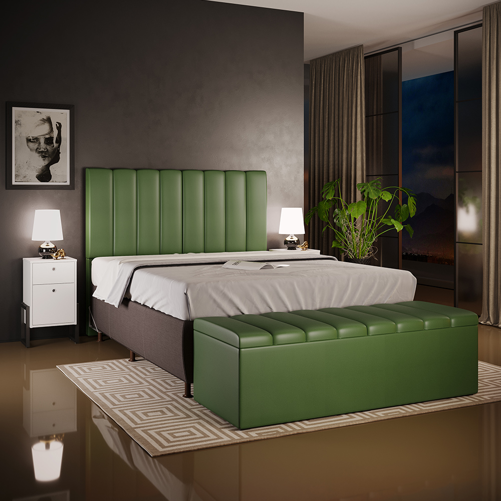 Kit Cabeceira Cama Box Casal 140cm Calçadeira Recamier Baú Dália W01 Facto Verde Musgo - Lyam Decor