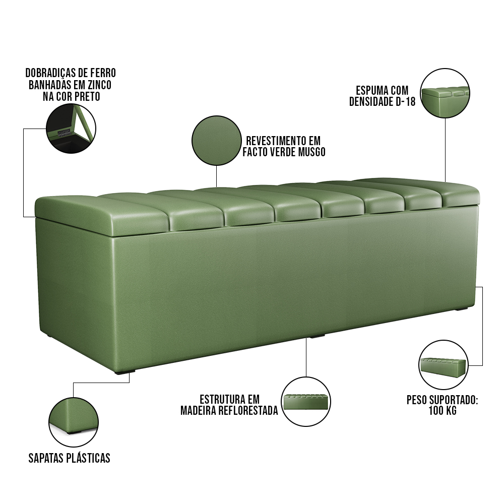 Kit Cabeceira Cama Box Casal 140cm Calçadeira Recamier Baú Dália W01 Facto Verde Musgo - Lyam Decor